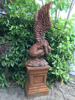 Very large kneeling oxide Angel with wings up on a large oxide pedestal, very large and unique!